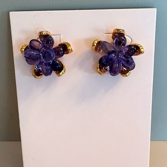 Mignonne Gavigan Flower Earrings with Amethyst Briolettes in Gold-Plate. NWT.